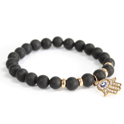 Hamsa / Ágata negra - Pulsera de piedras preciosas