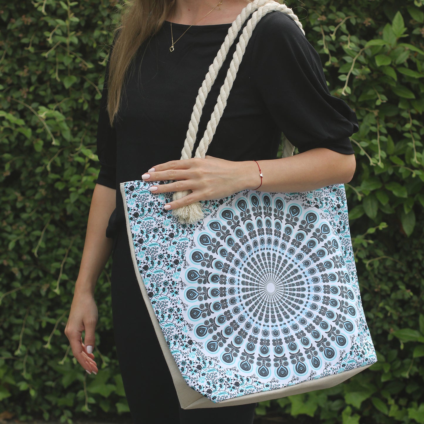 Bolso Mandala con Asa de Cuerda - Azul Oscuro