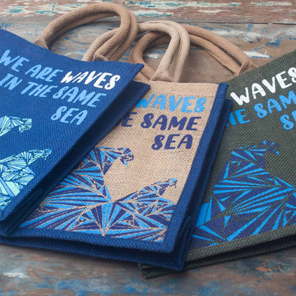 bolsa de yute estampada - Somos olas - Cinza, Azul y Natural