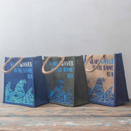 bolsa de yute estampada - Somos olas - Cinza, Azul y Natural