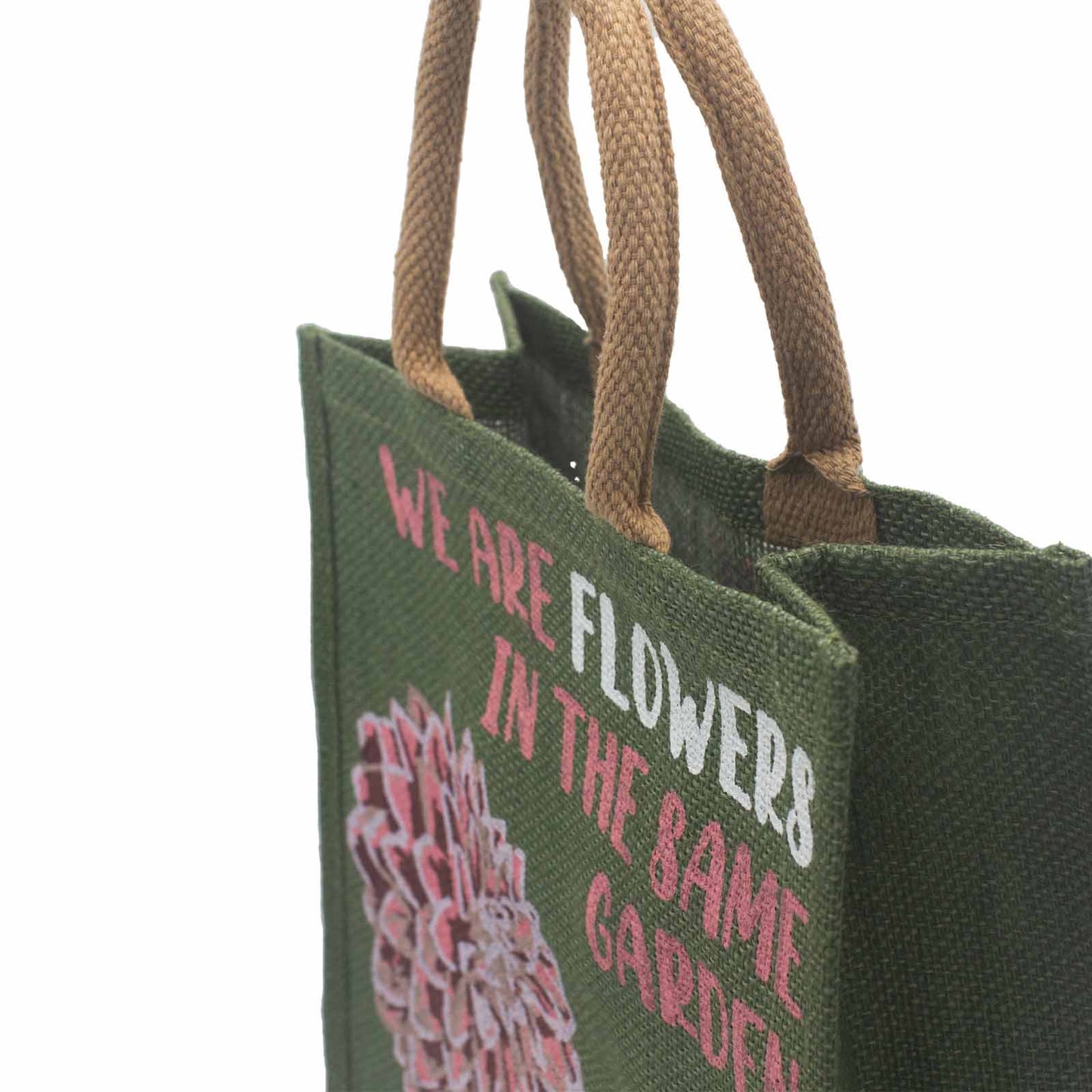 bolsa de yute estampada - Somos flores - Oliva, Rosa y Natural