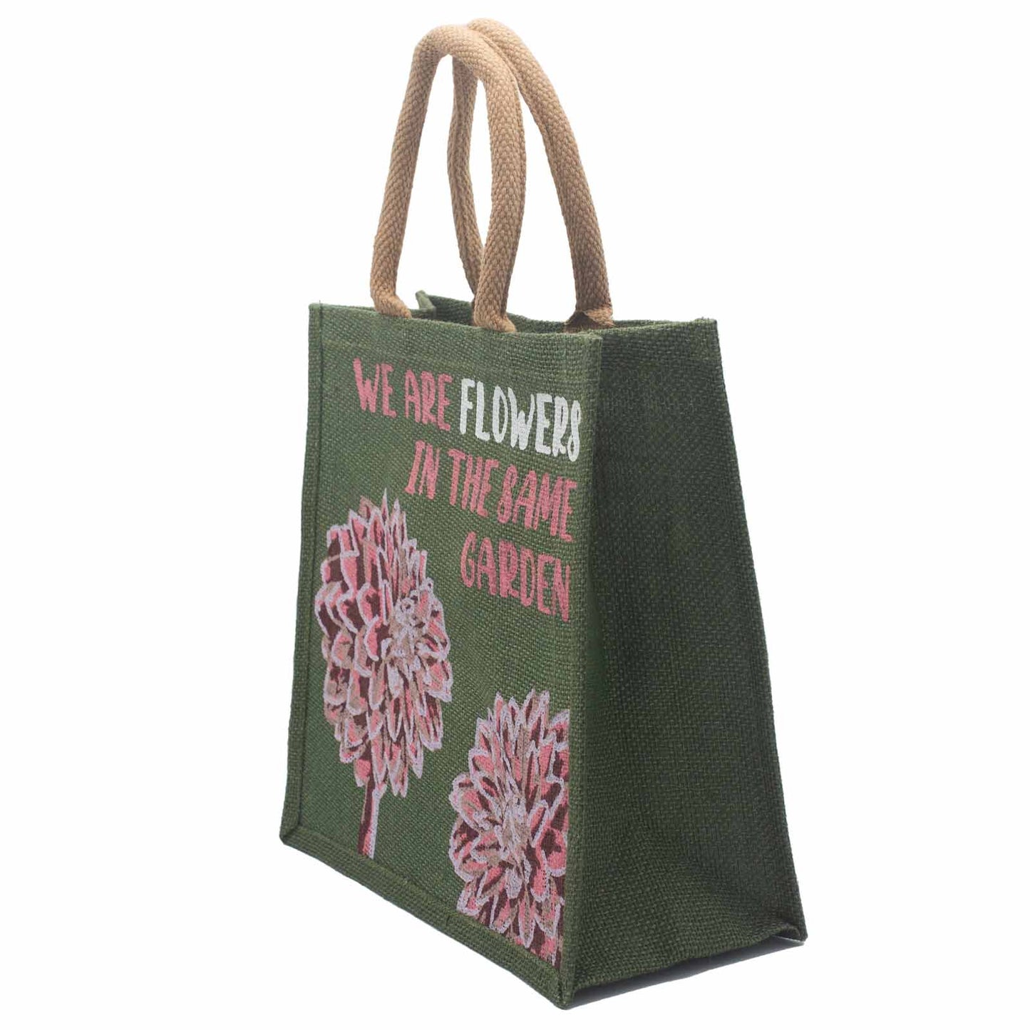 bolsa de yute estampada - Somos flores - Oliva, Rosa y Natural