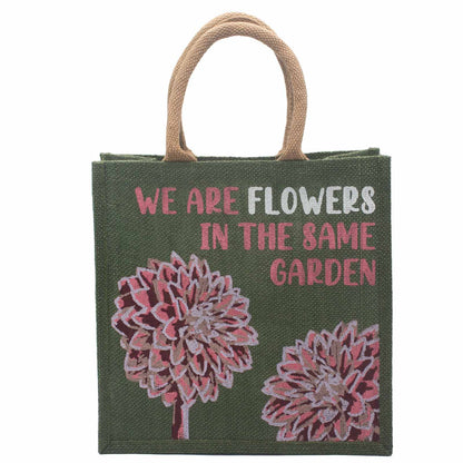 bolsa de yute estampada - Somos flores - Oliva, Rosa y Natural