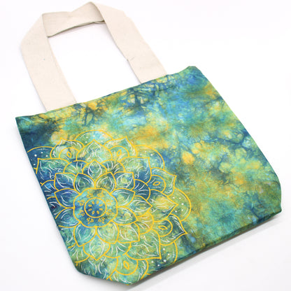 Bolsas de Algodón "Tie Dye" (170g) - 38x42x12cm -  Mandala - Verde y Azul - Asa Natural