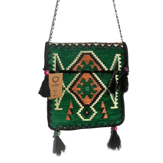 Bolso bandolera de fiesta Kilim verde esmeralda