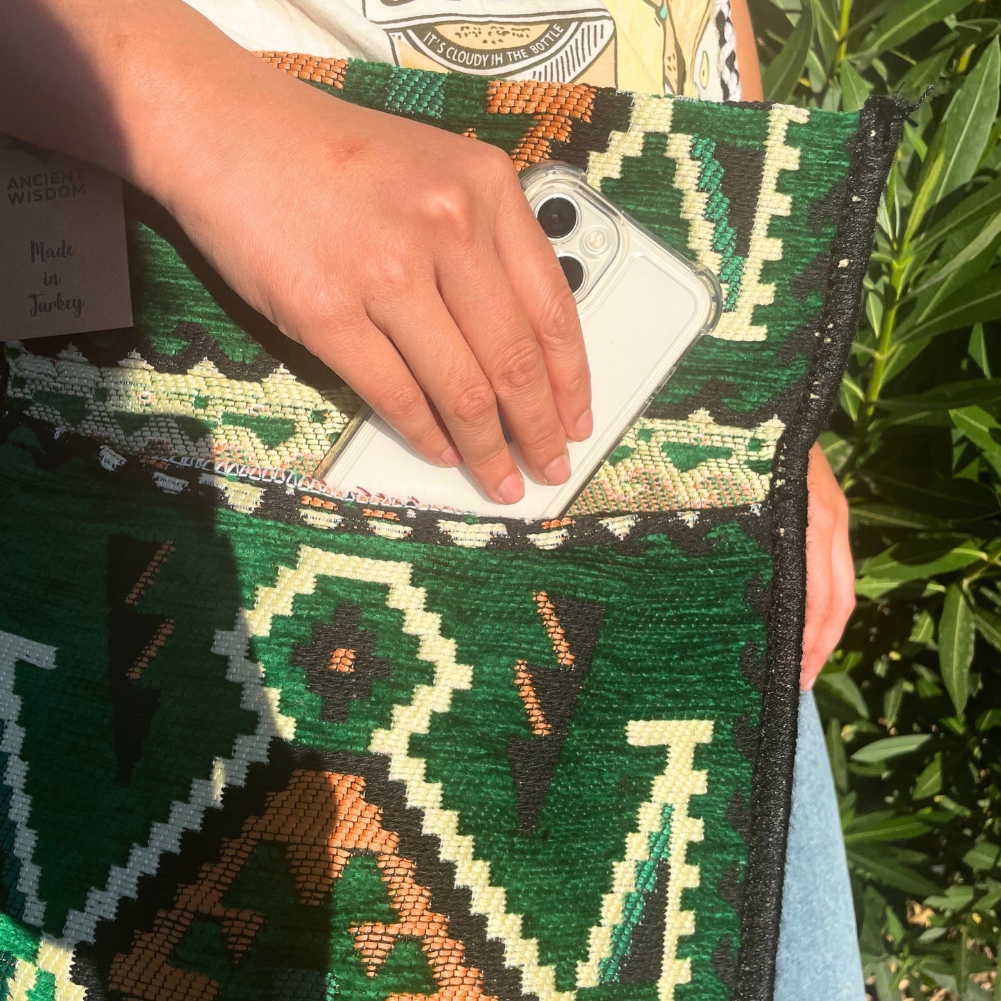 Bolso bandolera de fiesta Kilim verde esmeralda