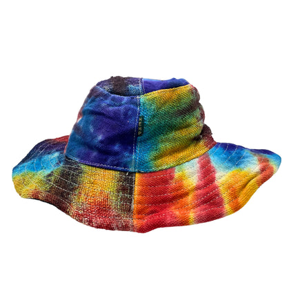 Sombrero de festival boho de cáñamo y algodón con parches y aros - Tiedye